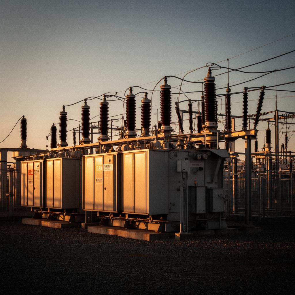 Subestação industrial 13.8kV ao entardecer
